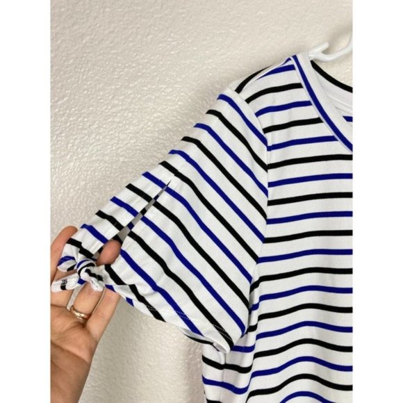BB Dakota Striped Shirt Womens Medium Blue White Short Sleeves Boxy Crew Neck - Picture 4 of 8
